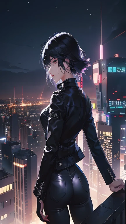 Anime woman wearing a leather jacket looking at the night city、,Black short hair、 female Cyberpunk Anime Girl, Modern cyberpunk anime, Cyberpunk Anime Girl, Anime Cyberpunk art, Cyberpunk anime art, jet black haired Cyberpunk Girl, Anime Cyberpunk, digital Cyberpunk anime art, Amazing anime 8k, Digital Cyberpunk - Anime Art, Cyberpunk Anime Girl mech, 4k anime wallpaper, Anime Style 4k, Cyberpunk Girl