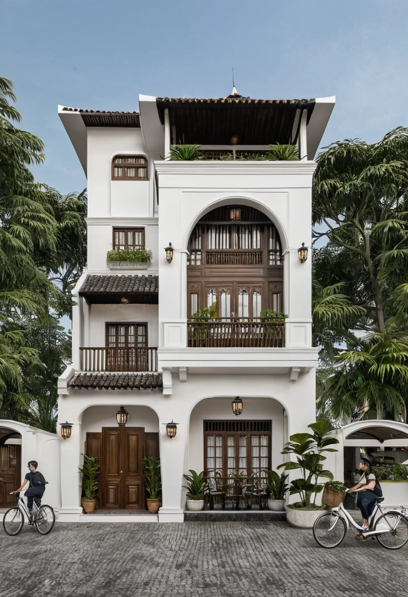 Render a 5-meter-wide, 2-story Indochine-style townhouse situated in an urban setting. The townhouse features a simple, elegant white facade with traditional Indochine architectural elements, including arched windows, wooden shutters, and decorative railings. The roof is designed with a two-sided slope running from front to back, reminiscent of the houses in Hoi An. The exterior walls are adorned with subtle, ornate details that reflect the Indochine style. Incorporate artistic wooden louver panels (lam gỗ) on the exterior for added visual interest and architectural depth. The ground floor includes a welcoming entrance with classic wooden furniture and traditional lanterns. The street is lined with cobblestone pavement, tropical plants, and urban elements such as street lamps and parked bicycles, creating a harmonious blend of traditional and urban aesthetics.
8k resolution, UHD, high-quality detail, Indochine style, 5-meter-wide facade, 2-story, white exterior, arched windows, wooden shutters, decorative railings, two-sided sloping roof, Hoi An style, classic wooden furniture, traditional lanterns, ornate details, artistic wooden louver panels, urban setting, street view, cobblestone pavement, tropical plants, street lamps, parked bicycles, harmonious blend of traditional and urban aesthetics.