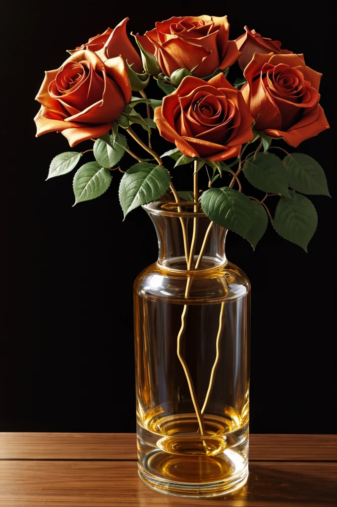 Rose flower, gold vase, dark background, acrylic paint art