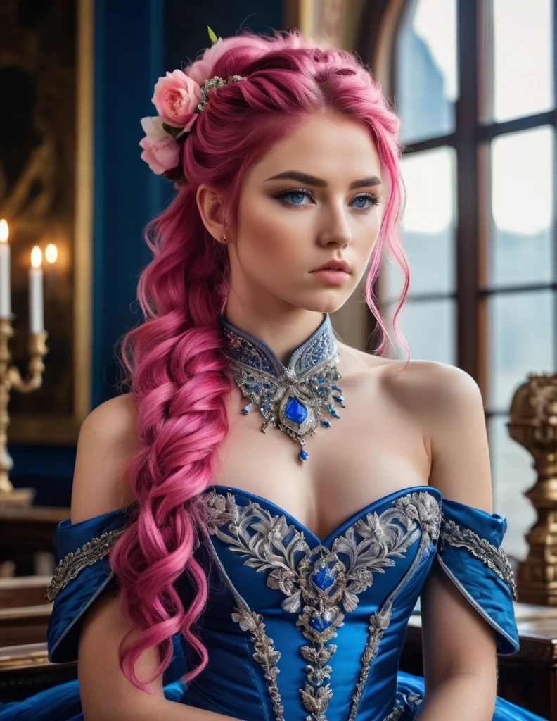 very attractive 25 year old girl with long wavy bright pink hair, Woman, serious, warrior, armour, elegant, blue dress, aristocratic, silver elements, long nails, bare shoulders, hairstyle, hair up, braid and ponytail, messy, arrogant, absurd, detailed dress, royalty, celebration, hall decorated with flowers, cowboy shot, portrait, (best quality), (masterpiece), (highly detailed), (4k)I