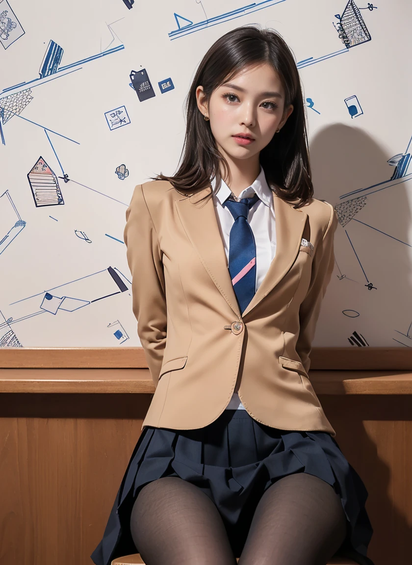 beautiful and delicate girl, very detailed eyes and face, beautiful detailed eyes, huge file size, very detailed, high resolution, very detailed, best quality, masterpiece, (((school classroom)), (((simple blazer))), (((pleated skirt))), (((The skirt and tie pattern are check patterns...:1.3))), very detailed, CG, 8K wallpapers, amazing, fine details, masterpiece, ((best quality)), very detailed CG uniform 8K wallpapers, my face shines, cinematic lighting, 1 woman, 16 years old, (((dynamic pose))), (camel toe), (half), ((pantyhose)), ((Sit with your knees bent and your legs crossed.)), ((whole body)), (((Raise your skirt and expose your panties..:1.4))),