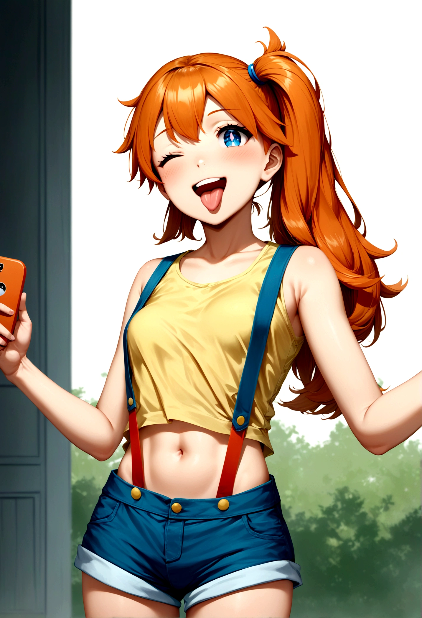 score_9, score_8_up, score_7_up, score_6_up, score_5_up, zPDXL2, max detail, 4k wallpaper, masterpiece, best quality, absurdres, highres, source_anime, PokemonStyle, pokemon \(anime\),flat color, 1girl, solo, misty (pokemon), open mouth, orange hair, blue eyes, mediumshot, suspenders, side ponytail, breasts, teeth, blush, outline, shirt, short hair, yellow shirt,navel,shorts,white background, simple background, sleeveless, bangs,happy,  upper teeth only, bright pupils, bare shoulders, sleeveless shirt,one closed eye, tongue,.from front,front view,(selfie)