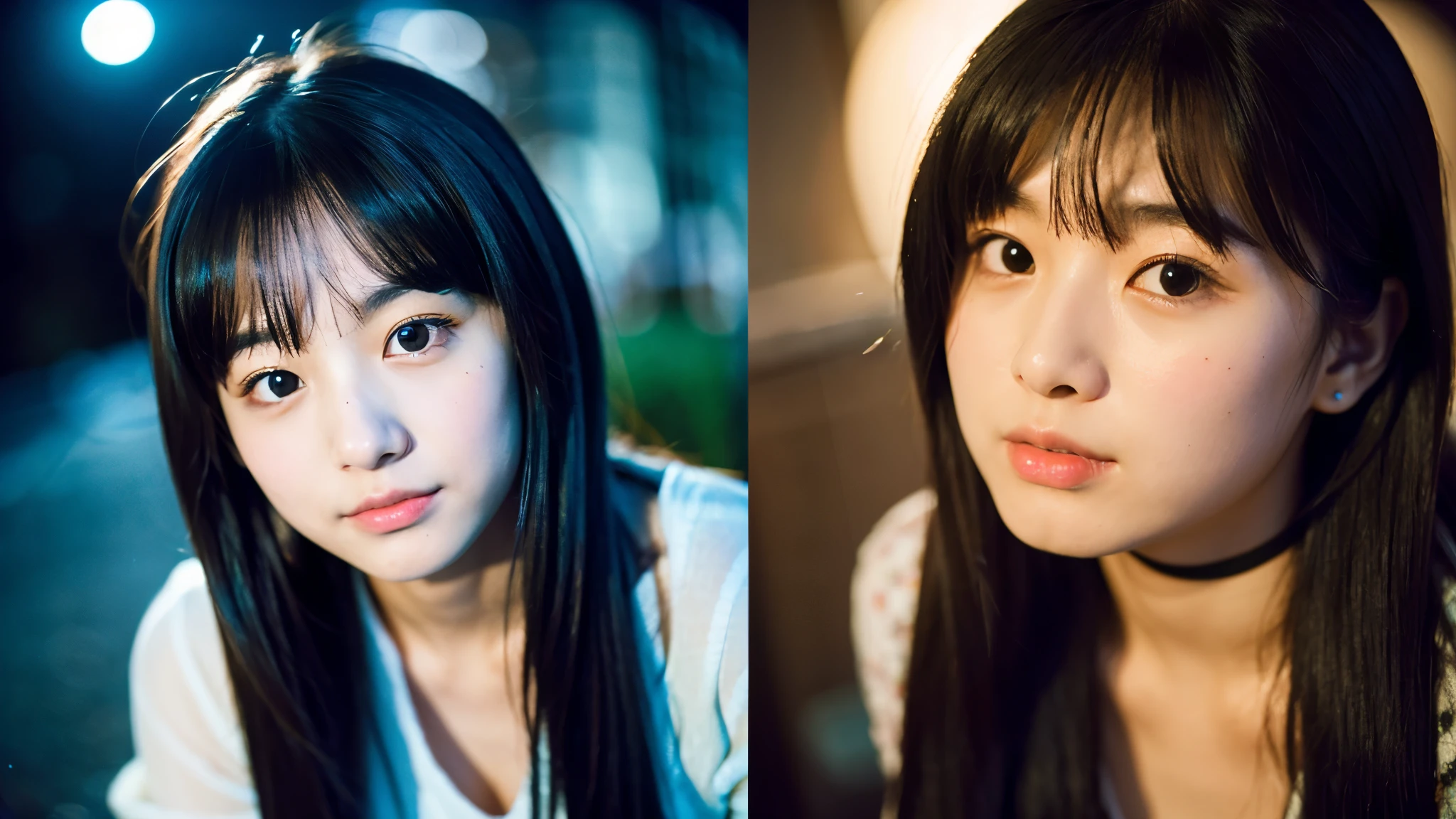 A very cute face like an idol、Looks like a young face、20-year-old female、Gentle and cute、Cleavage、Beautiful moon and starry night、Looking up at the night sky、Moonlight only、(leica 50mm prime lens, cinestille 800Tfilm)、RAW Photos、Genuine、live-action、(Romantic)、(Artistic Expression)、Real Stick、High resolution、masterpiece