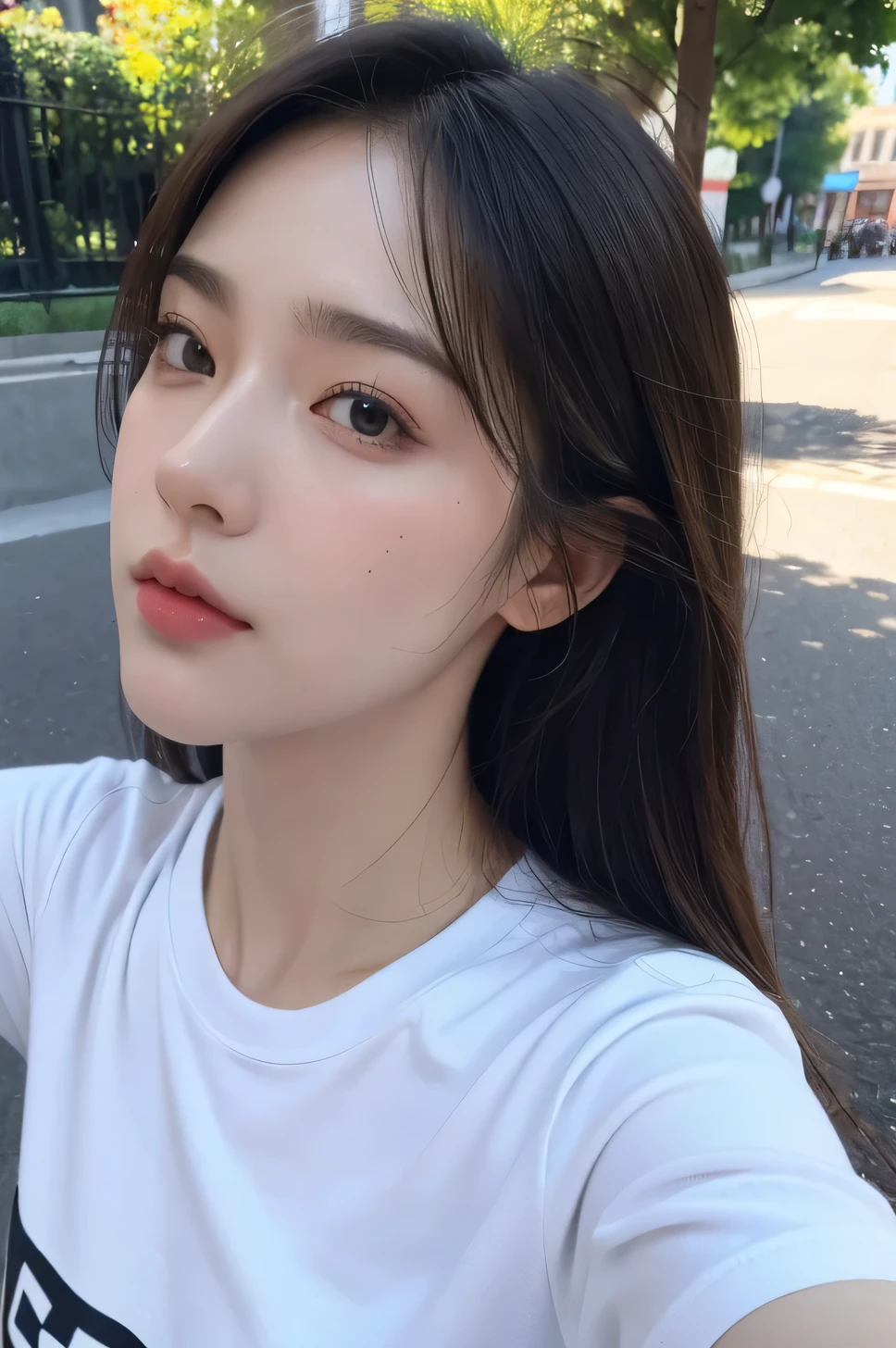 8K,best quality, ultra high resolution, (realistic:1.4), (real skin texture:1.3), (selfie angle),1 woman,outdoor,t-shirt,