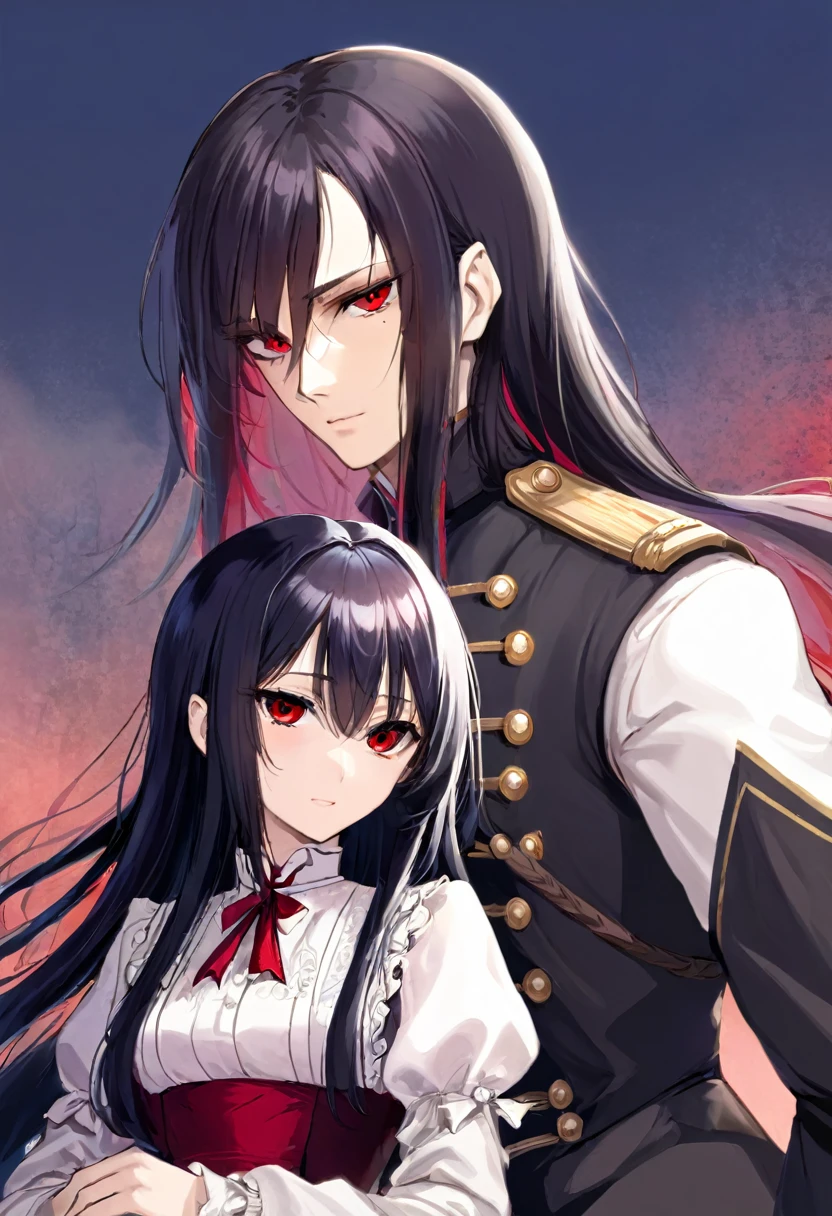 a man with black hair, which he wears to a side parting and blue eyes and a serious face together with a woman. The red eyes, has white, long hair and bangs and a friendly face, that he saw them in an old, Victorian area, a chopped into each other