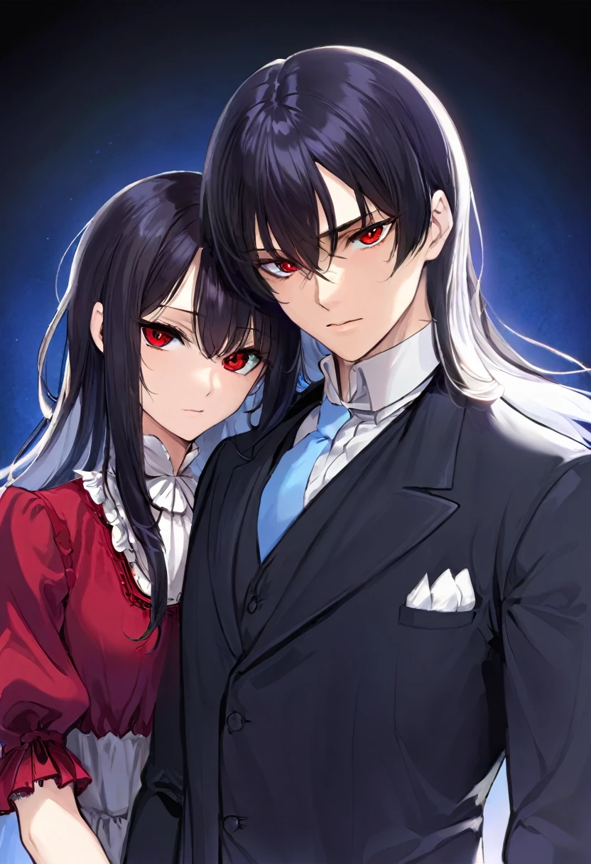 a man with black hair, which he wears to a side parting and blue eyes and a serious face together with a woman. The red eyes, has white, long hair and bangs and a friendly face, that he saw them in an old, Victorian area, a chopped into each other