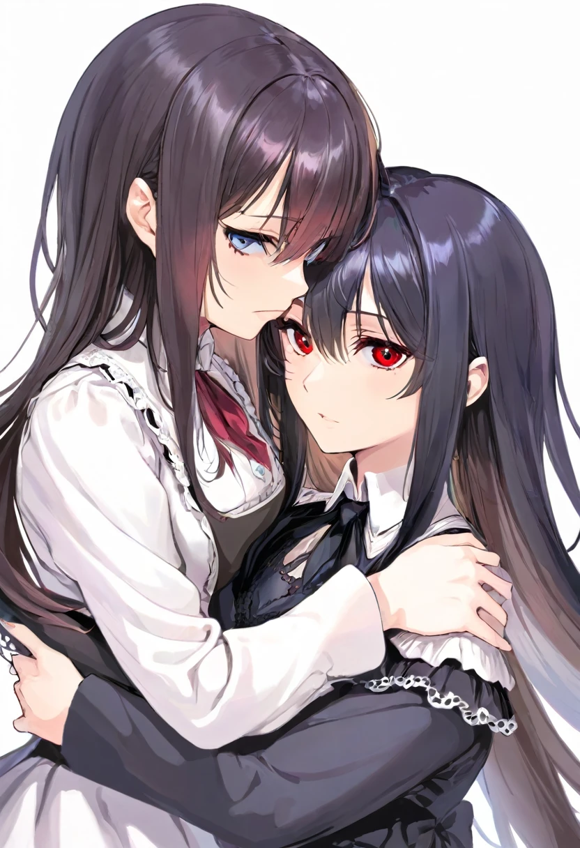 a man with black hair, which he wears to a side parting and blue eyes and a serious face together with a woman. The red eyes, has white, long hair and bangs and a friendly face, that he saw them in an old, Victorian area, a chopped into each other