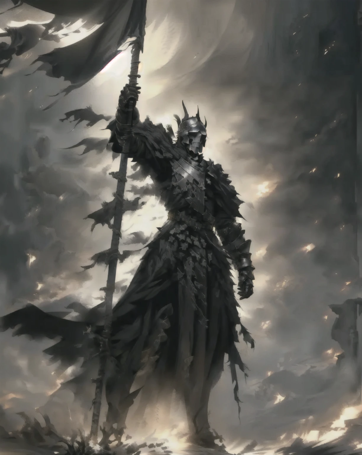 Close-up of a person holding a flag on a cloudy day., Dark Souls Knight, the Dark Souls Knight, ศิลปะdark souls concept, Darksouls concept art, dark souls art, dark souls concept art, dark souls concept, dark souls art style, Evil Knight, Dark Souls Armor Concept, dark souls style, In the style of Dark Souls 3, Immortal Knight