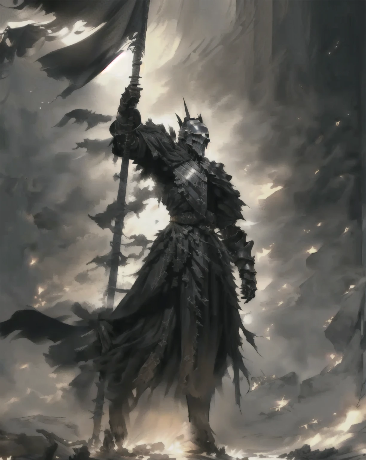 Close-up of a person holding a flag on a cloudy day., Dark Souls Knight, the Dark Souls Knight, ศิลปะdark souls concept, Darksouls concept art, dark souls art, dark souls concept art, dark souls concept, dark souls art style, Evil Knight, Dark Souls Armor Concept, dark souls style, In the style of Dark Souls 3, Immortal Knight