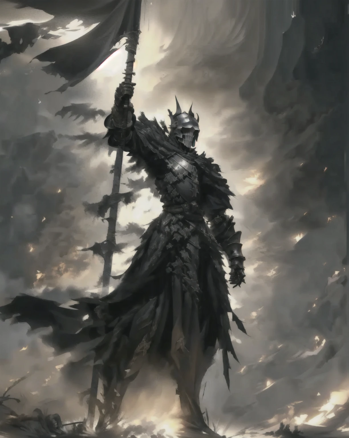 Close-up of a person holding a flag on a cloudy day., Dark Souls Knight, the Dark Souls Knight, ศิลปะdark souls concept, Darksouls concept art, dark souls art, dark souls concept art, dark souls concept, dark souls art style, Evil Knight, Dark Souls Armor Concept, dark souls style, In the style of Dark Souls 3, Immortal Knight