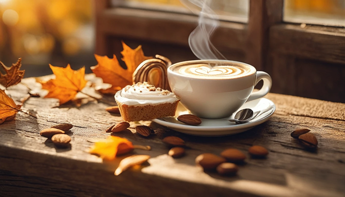 Create an image of a cozy fall-themed atmosphere featuring a one white cup with heart-shaped latte art on it, placed on a wooden table surface. beside the cup, there was a slice of cake layered with cream.there are some whole and shelled almonds, adding to the warm and inviting atmosphere. This scene is bathed in soft sunlight