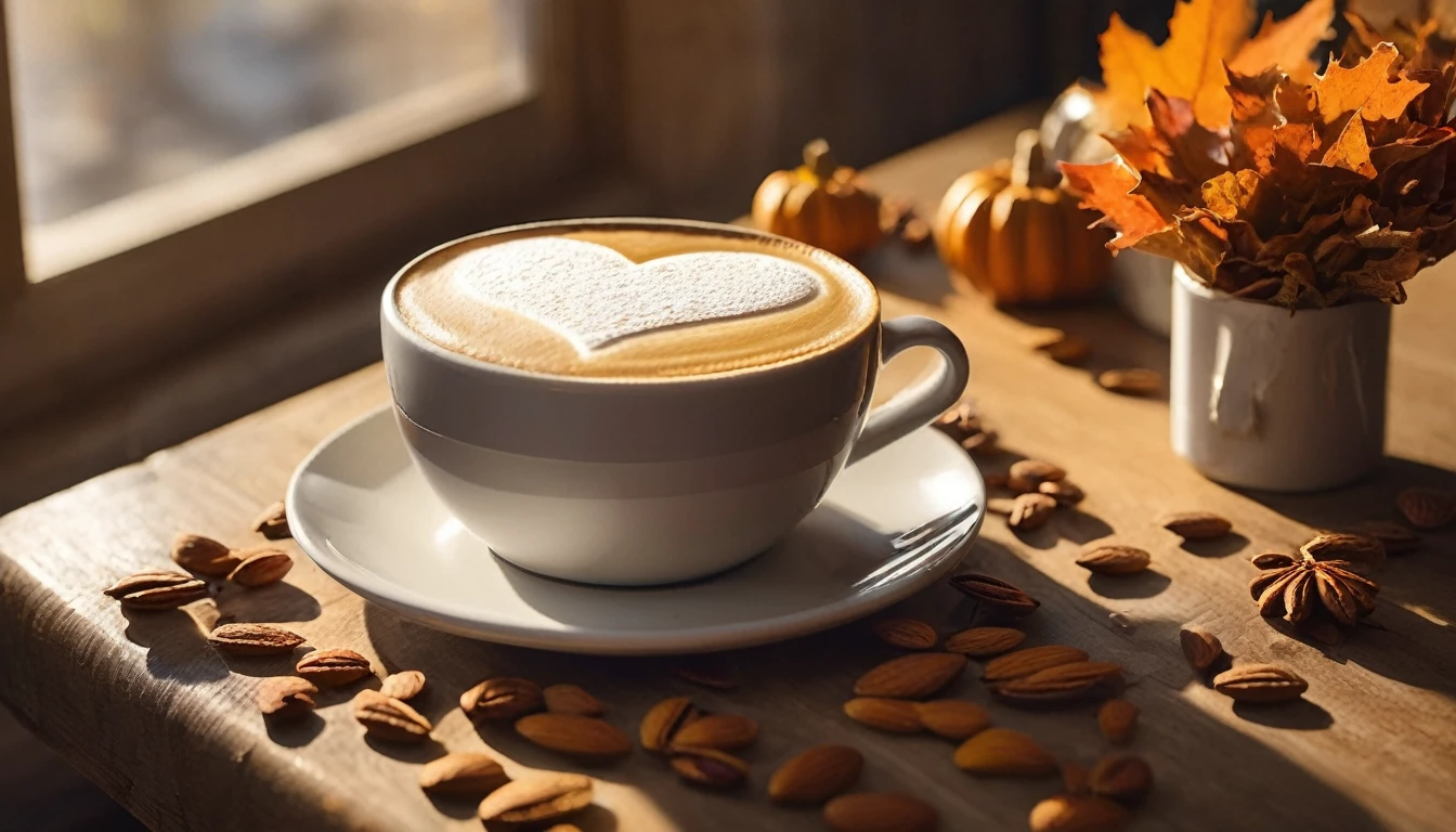 Create an image of a cozy fall-themed atmosphere featuring a one white cup with heart-shaped latte art on it, placed on a wooden table surface. beside the cup, there was a slice of cake layered with cream.there are some whole and shelled almonds, adding to the warm and inviting atmosphere. This scene is bathed in soft sunlight