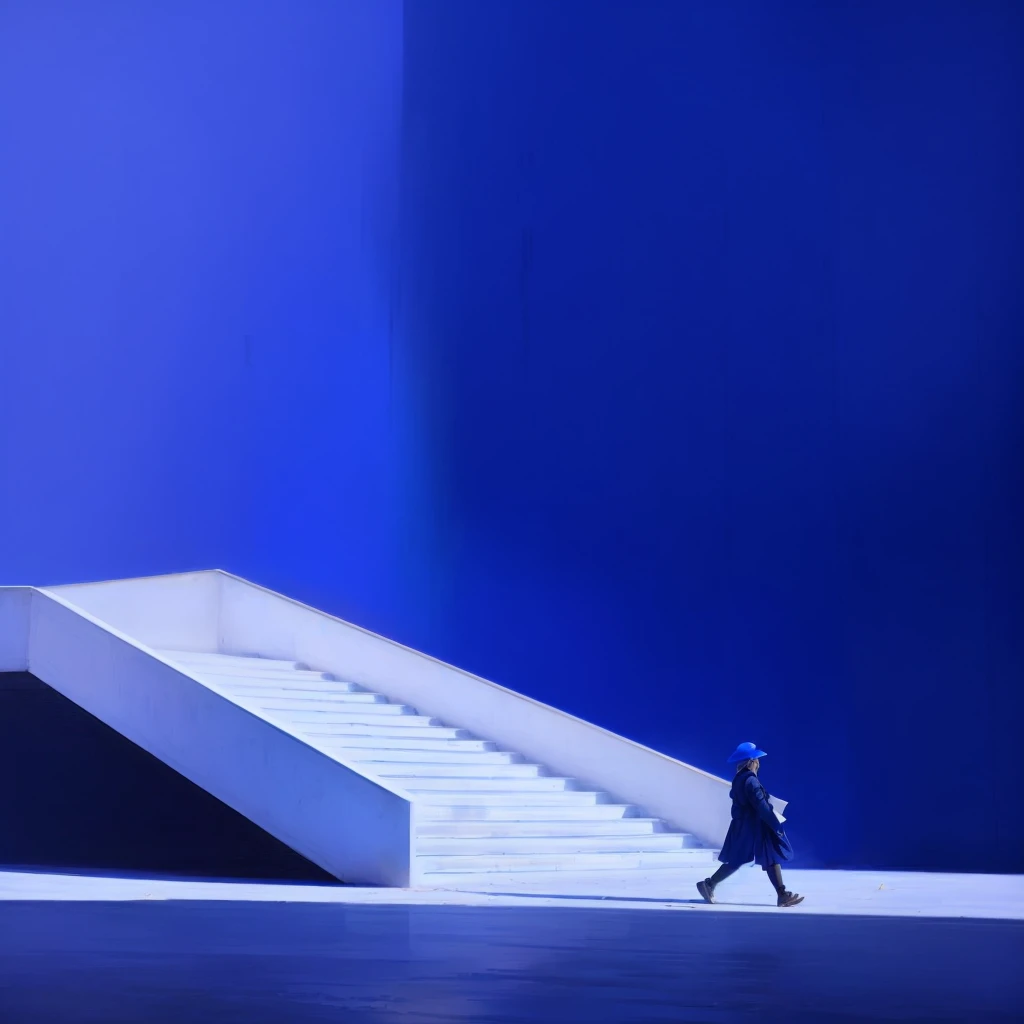 阿拉夫男子在blue房间内走下楼梯, blue wall, dominant wihte and blue, Clemens Asher, 白色和blue, blue色调, blue调, blue walls, author:Tadanari Ono, blue色调, blue大气, 深blue阴影, blue心情, blue白色, blue, rise