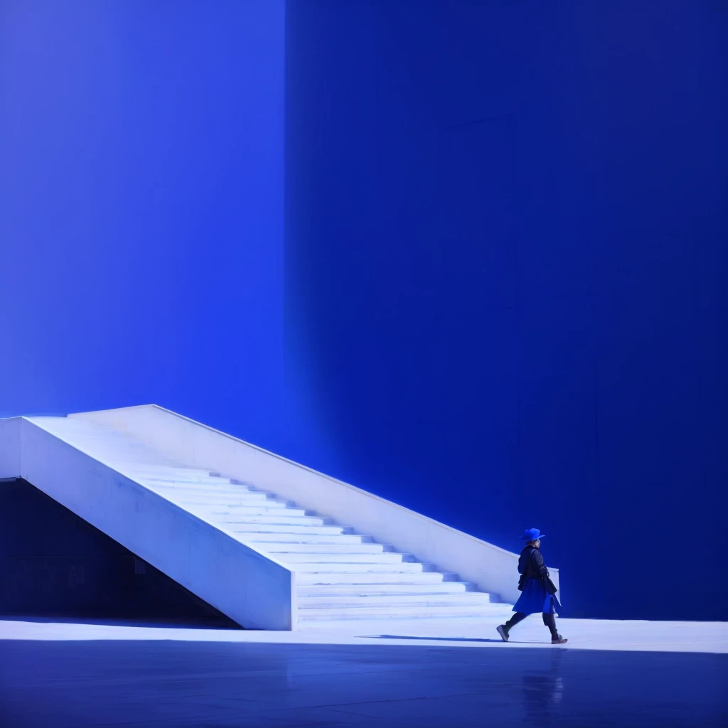 阿拉夫男子在blue房间内走下楼梯, blue wall, dominant wihte and blue, Clemens Asher, 白色和blue, blue色调, blue调, blue walls, author:Tadanari Ono, blue色调, blue大气, 深blue阴影, blue心情, blue白色, blue, rise