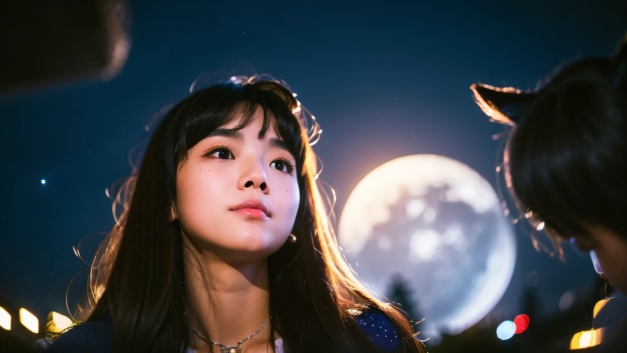 A very cute face like an idol、Looks like a young face、20-year-old female、Gentle and cute、Cleavage、Beautiful moon and starry night、Looking up at the night sky、Moonlight only、(leica 50mm prime lens, cinestille 800Tfilm)、RAW Photos、Genuine、live-action、（Romantic)、(Artistic Expression)、Real Stick、High resolution、masterpiece