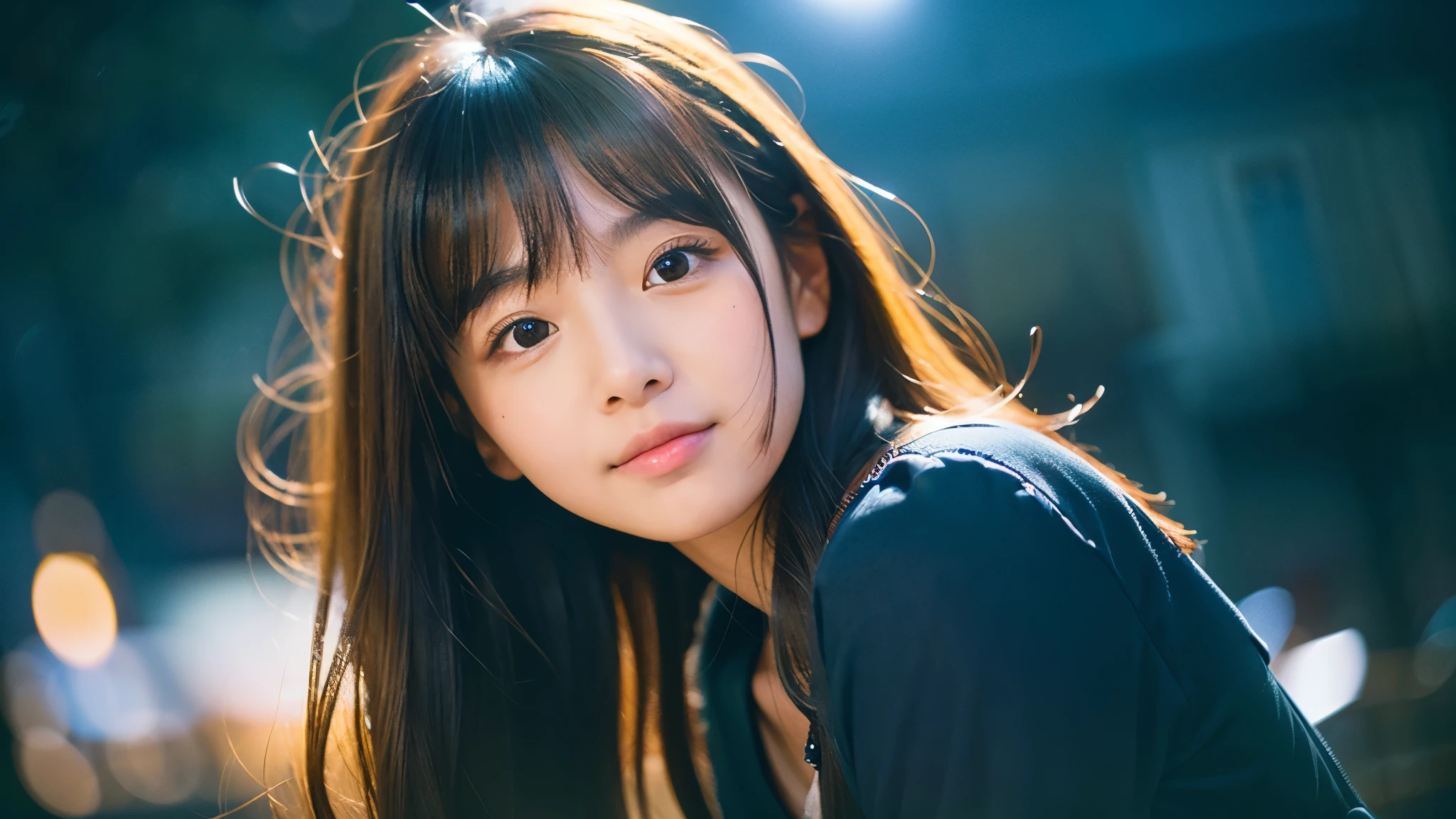 A very cute face like an idol、Looks like a young face、20-year-old female、Gentle and cute、Cleavage、Beautiful moon and starry night、Looking up at the night sky、Moonlight only、(leica 50mm prime lens, cinestille 800Tfilm)、RAW Photos、Genuine、live-action、(Romantic)、(Artistic Expression)、Real Stick、High resolution、masterpiece