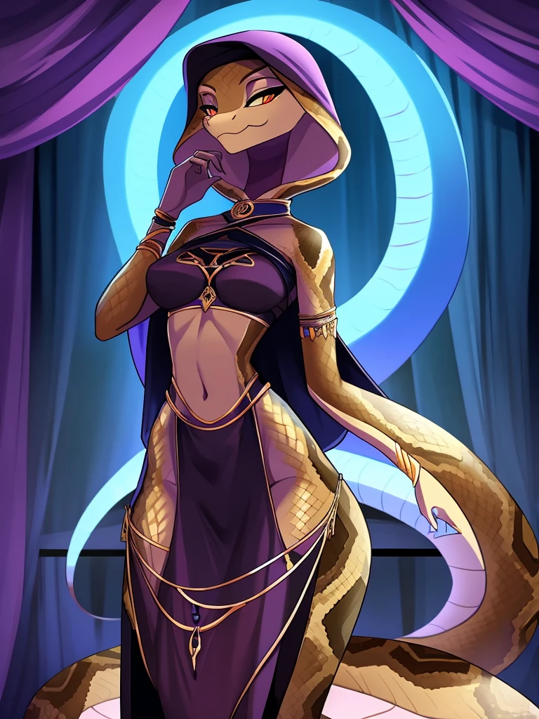 Best quality, Super detailed illustration, (Snake girl:1.4),Worse than ever, Snake girl, Snake nose, big long muzzle,, fortune teller clothes, smug smile, half-closed eyes ,small waist, wide hips, slim, Perfect body, "don't worry" style,