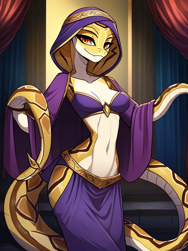 Best quality, Super detailed illustration, (Snake girl:1.4),Worse than ever, Snake girl, Snake nose, big long muzzle,, fortune teller clothes, smug smile, half-closed eyes ,small waist, wide hips, slim, Perfect body, &quot;don&#39;t worry&quot; style,