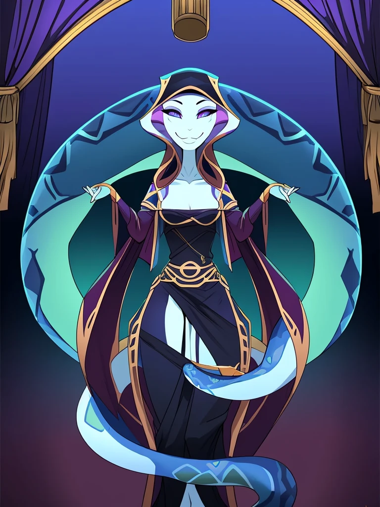 Best quality, Super detailed illustration, (Snake girl:1.4),Worse than ever, Snake girl, Snake nose, big long muzzle,, fortune teller clothes, smug smile, half-closed eyes ,small waist, wide hips, slim, Perfect body, "don't worry" style,