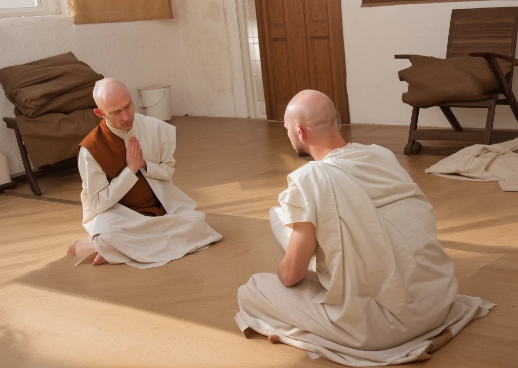 The image shows  monks and thilashin sitting on the floor, one of them is bald. They are in a room with a white wall and a door.