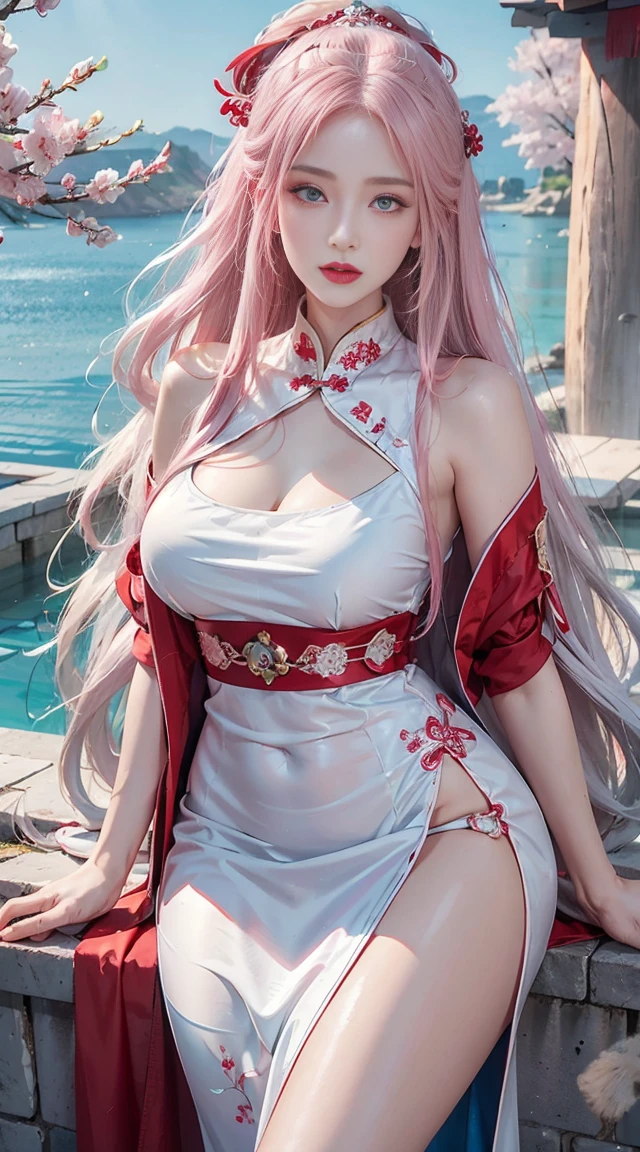 Realistically, High resolution, One woman, Glossy Skin, alone, Got a tattoo, gem, reddish pink lips, Long white hair, Blue Eyes, Shut your mouth., Hip Up, In a Chinese dress, Sakura NS