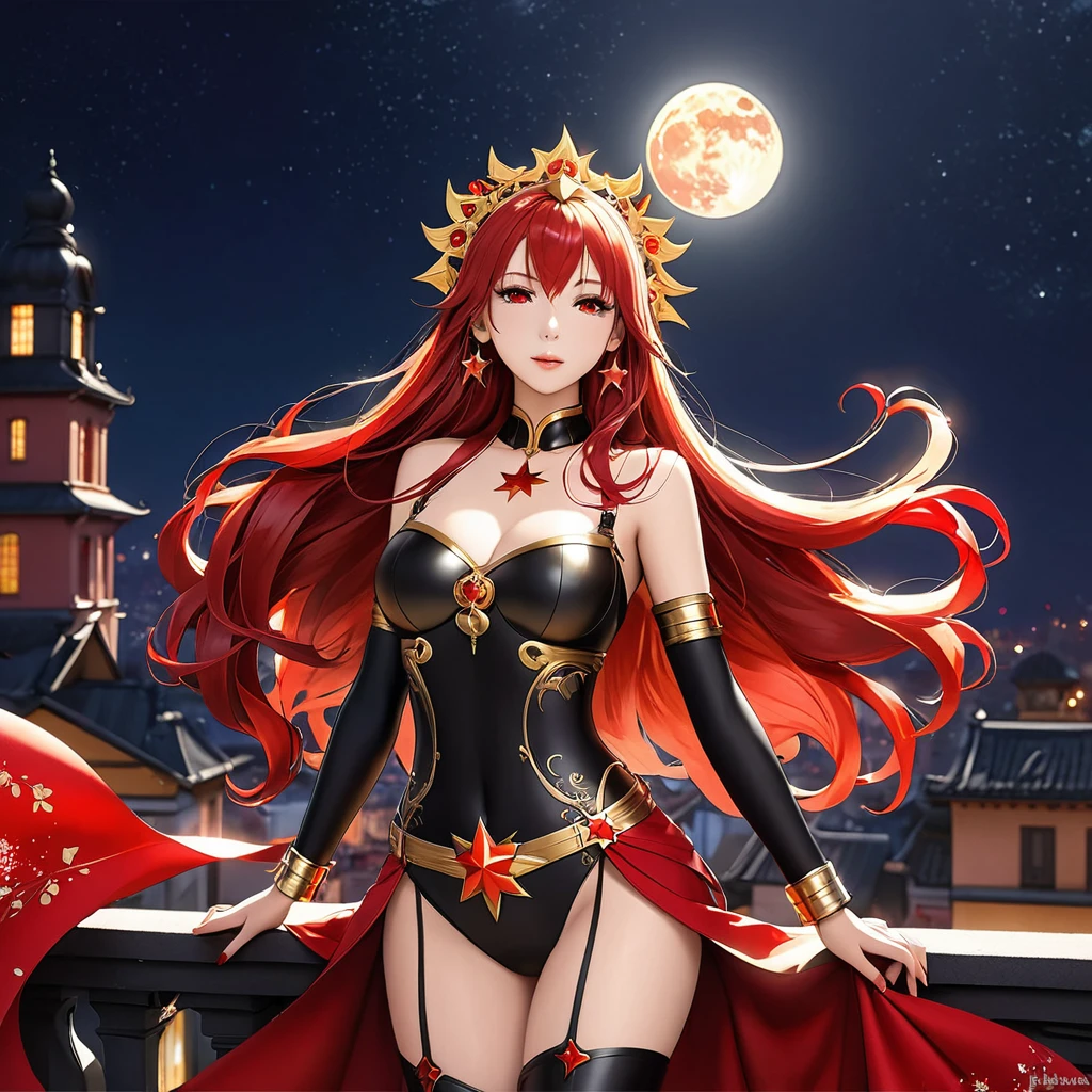A Beautiful Heroine with a beautiful figure, long, flowing crimson red hair, fair skin tone, and crimson red eyes. She is clad in a black bodysuit with a Red Star pattern on it, gold bands on her wrist, upper arm, belt, and accessories, including gold headdress that is shaped after sun rays. She also have gold earrings in the shape of sun. She is standing on top of a building in the night, with the night sky full of stars, and the moon, her hair and eyes glowing crimson color.