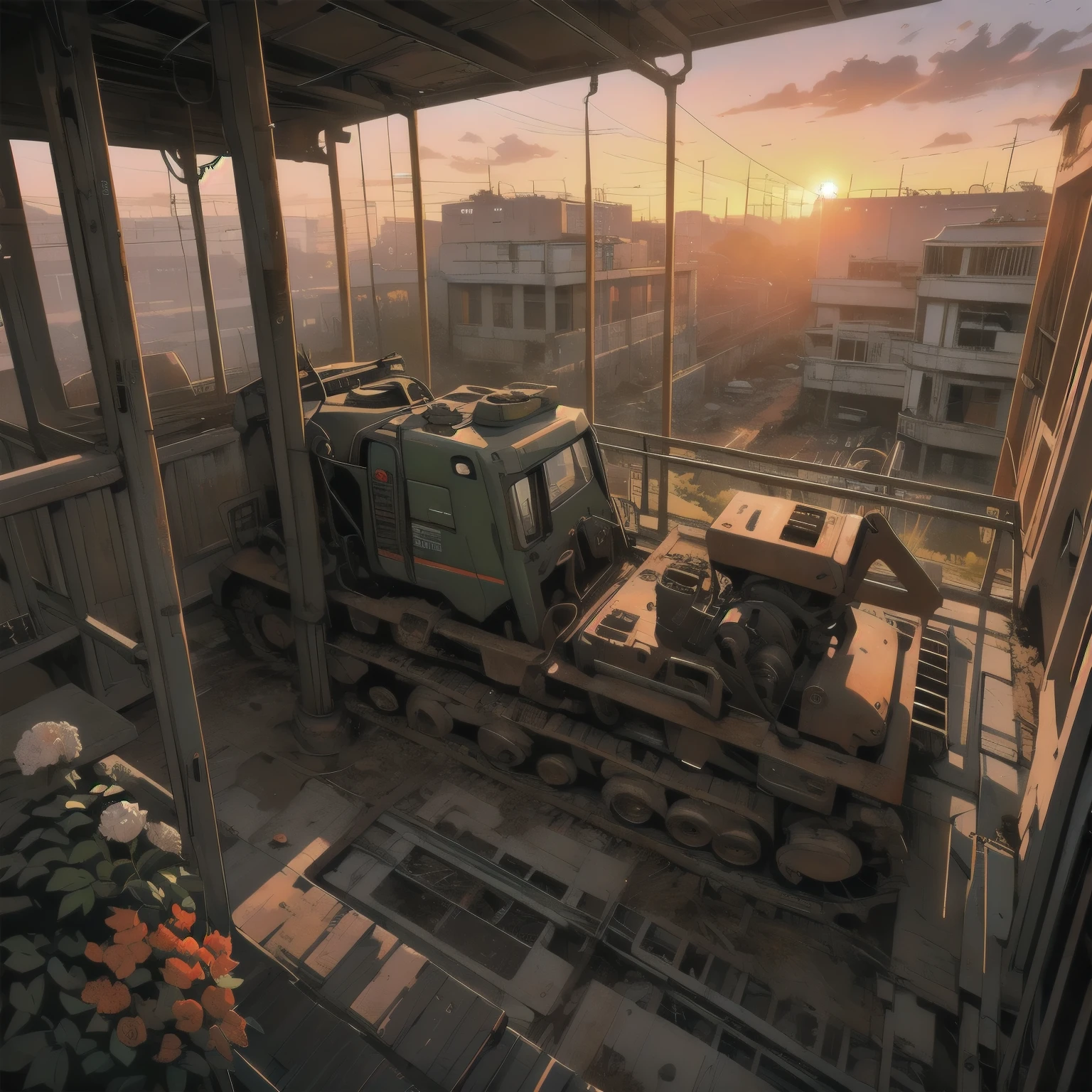 Detailed Machinery、Abandoned Factory、Atrium、White Flower Field、(((Rusty heavy equipment)))、fog、Detailed Background、Top Quality、(((No humans)))、Broken heavy machinery、(((Sunset)))、Fisheye Lens