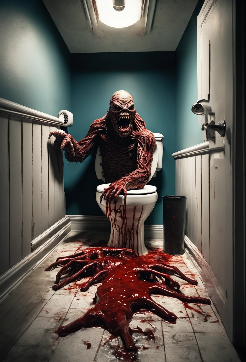 Horror themed toilet with a hand sticking out, gaming toilet, RGB gamer toilet, gaming chair as toilet, toilet paper, photorealistic dark concept art, disgusting bloody monster crawling!!!, unforgettable!, surreal Nightmare Scene, Surreal", Surreal -, Crawl!!, Creepy, Realistic Fantasy Rendering, Realistic Theater 4D Rendering, Surreal Concept Art, Surreal 3D Rendering. Weird, Disturbing, Dark, Spooky , suspenseful, grim, highly detailed, lots of blood, referencing classic horror movie The Thing, 80s horror movie stills
