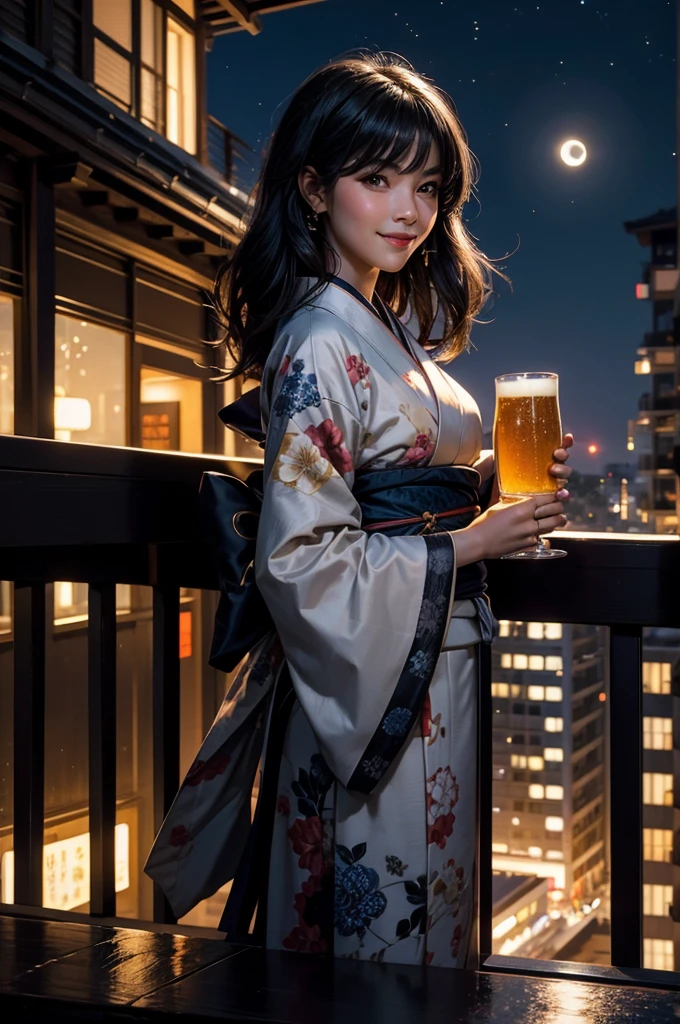 (masterpiece), best quality, expressive eyes, perfect face, At night, under the city lights, on a balcony of an apartment, a A beautiful black-haired woman in a kimono drinks beer, smiling, under the moon and stars, feeling the night breeze.