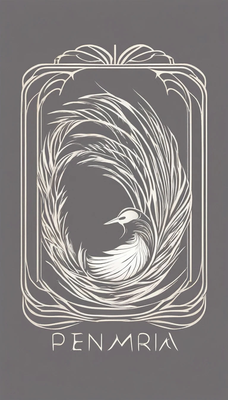 A minimal, modern, simple, cinematic logo design for the brand “Penamemoria". Create a modern, minimalistic, high-quality, logo of a boy inside a nest made of feathers. The logo must be a symbol for dreams, stories, memories, music and imagination.