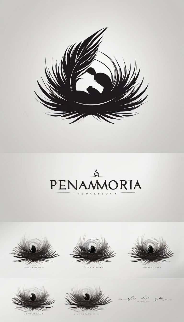 A minimal, modern, simple, cinematic logo design for the brand “Penamemoria". Create a modern, minimalistic, high-quality, logo of a boy inside a nest made of feathers. The logo must be a symbol for dreams, stories, memories, music and imagination.
