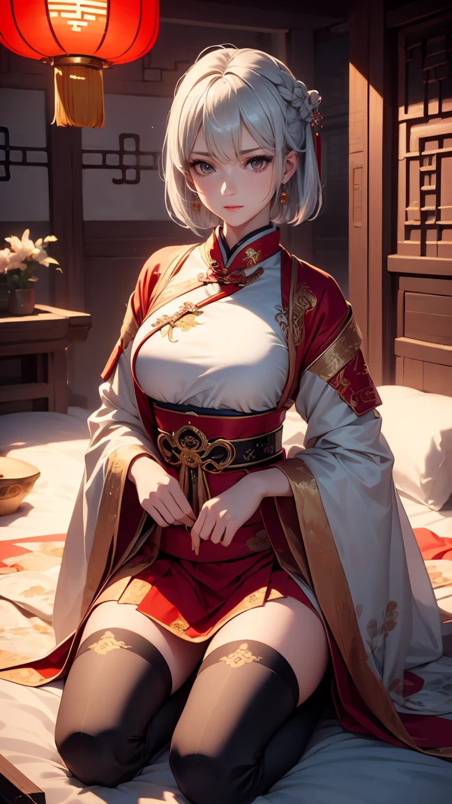 A very beautiful 19-year-old woman, (white hair:0,5), bob haircut, short hair, (yellow eyes:0.5) bright golden eyes, red nails, young beautiful face, muscular, slim but well-proportioned body, perfect white skin, highly detailed drawing, realistic face. (((Wearing traditional Chinese imperial clothes black:1))) ((red skirt with contour golden,)) (with red Hanafuda earrings,) (garterbelt black thigh-high socks.) Kneeling on a white bed in an ancient Chinese room, night with a full moon and stars visible through the window, with light flashes reflecting on her body. 4k anime art, perfect lighting.