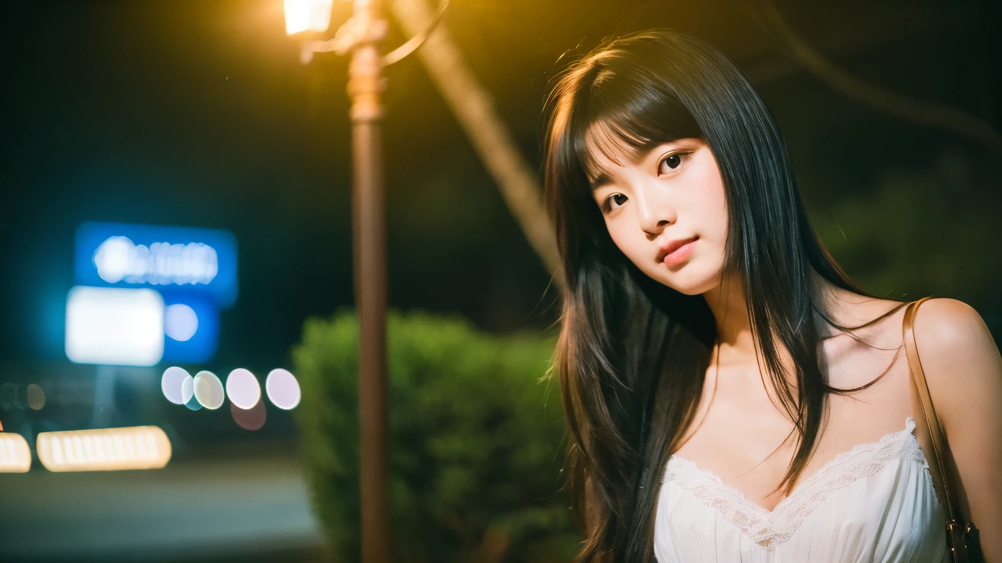 A very cute face like an idol、Looks like a young face、20-year-old female、Gentle and cute、Cleavage、Beautiful moon and starry night、Looking up at the night sky、Moonlight only、(leica 50mm prime lens, cinestille 800Tfilm)、RAW Photos、Genuine、live-action、（Romantic)、(Artistic Expression)、Real Stick、High resolution、masterpiece