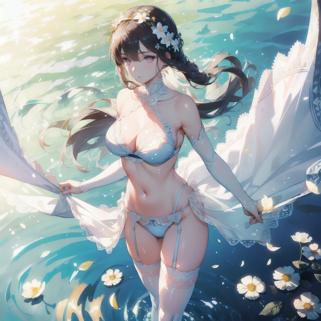 ((masterpiece, best quality)), Epic battlefield atmosphere,Delicate face,goddess,sunshine,whole body,Standing picture,glowing eyes,Perfect body proportions,Pure white background,Water Ripples,Lace,flower,Fallen Leaves,Sex bikini,Garter stockings