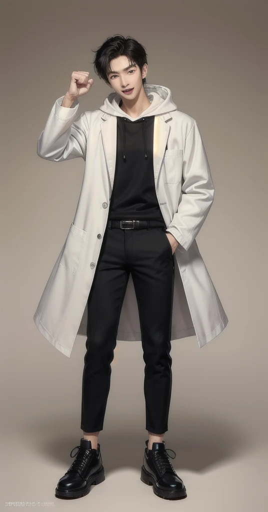 (photorealistic:1.2), (high detail face:1.3), (high detail hands:1.3), (anatomically correct hands:1.2), handsome young asian man, Japanese idol style, short clean-cut hair, ((center part)), (crisp white lab coat:1.3), ((black hoodie underneath:1.2)), (black pants:1.2), (black shoes:1.2), (enthusiastic expression:1.3), ((victory pose:1.4)), (both arms raised:1.3), (clenched fists:1.3), (energetic stance:1.2), plain white background, mid-shot portrait, full body view, high quality, detailed, 8K, (realistic skin texture:1.2), (sharp focus:1.1), (contrast between white coat and black clothing:1.2)