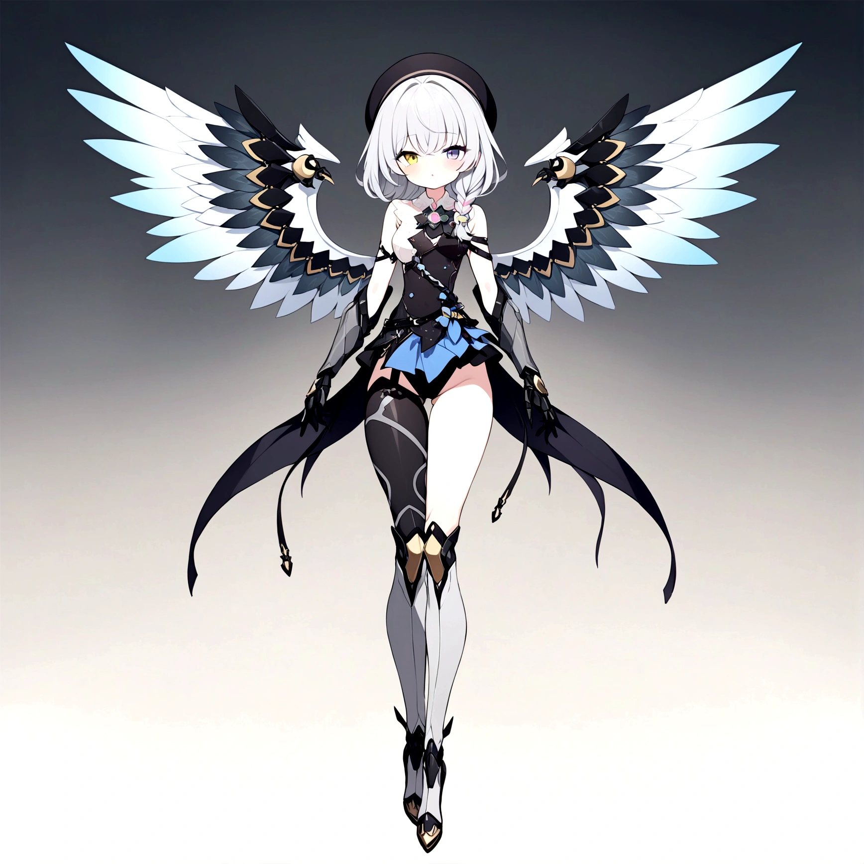 woman 160 cm tall, slim build, . (character design sheet: front view). (Short Wavy Gray Shoulder Length Hair, He has a short braid on the left side of his chest hair.., He has a large lock of hair on the left side of his hair..., She has a moon brooch on the left side of her hair...). She has a black French beret with a crystal star brooch... (heterochromia: Green right eye and yellow left eye..). Intricate One Piece Low Waist Thigh Length Dress, He has an elegant black belt on his hip.., He has a huge and complex rose brooch in the middle of his chest... It has intricate stilettos.. (It has complex mechanical legs that reach up to the thighs..., black with small gray details.). (It has complex black mechanical arms with small gray details..). It has complex mechanical wings on its back that are light blue and white.... Beautiful extremely detailed wings.. beautiful detailed hair, beautiful detailed dress. extremely detailed arms. extremely detailed face, small face, Beautiful detailed eyes, beautiful detailed lips. adorable. extremely detailed legs. (Best Quality, 4k, 8k, high resolution), ultra detailed, Exquisite and epic character art..