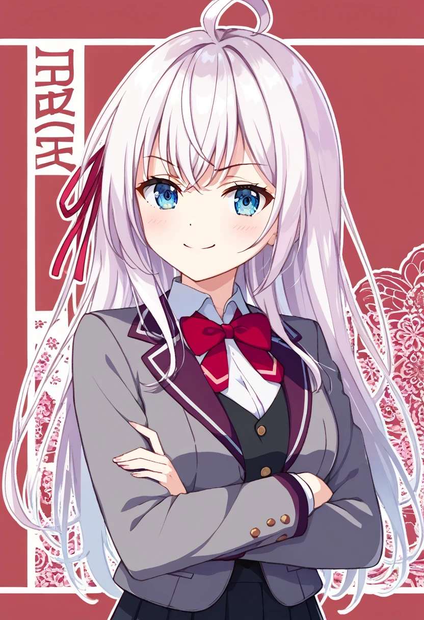 (masterpiece),(best quality),(ultra-detailed),(best illustration),(best shadow),(absurdres),(detailed background),(very aesthetic), alya(roshidere), white hair, long hair, bangs, blue eyes, hair ribbon, ahoge, red ribbon, skirt, shirt, long sleeves, bow, , jacket, white shirt, pleated skirt, collared shirt, bowtie, black skirt, red bow, red bowtie, blazer, grey blazer, long sleeves, upper body view, crossed arms, smile,