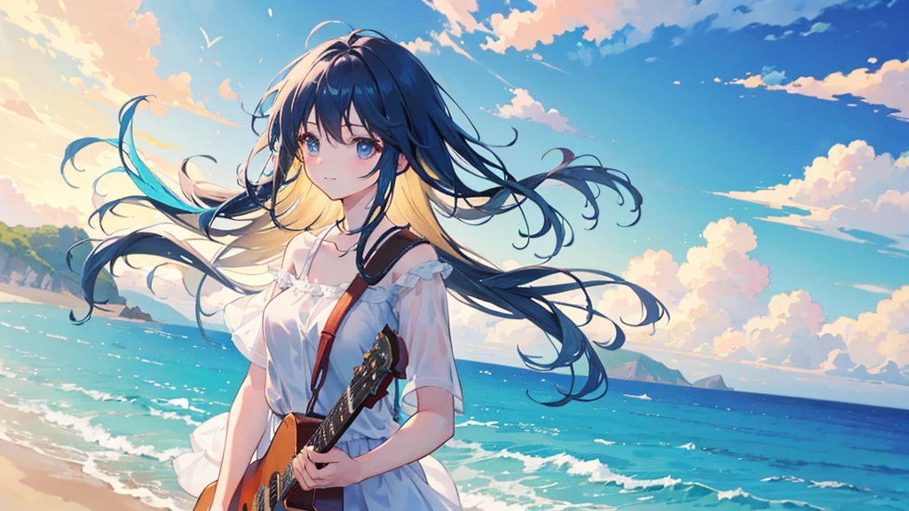An anime girl standing on a cliff overlooking a scenic coastal landscape during sunrise. She is wearing stylish sunglasses, a casual outfit, and has a joyful expression, embracing the freedom and beauty of the moment. Her hair flows gently in the morning breeze as she gazes out at the horizon. The background features a stunning coastline with cliffs, crashing waves, and a clear blue sky transitioning to a warm, golden hue. The girl holds a guitar, ready to strum and sing her favorite songs, capturing the spirit of adventure and the thrill of chasing dreams. The atmosphere is filled with a sense of peace, excitement, and new beginnings, with vibrant colors and natural lighting highlighting her journey. The road ahead is symbolized by the vast, open sea, representing endless possibilities and the promise of a new day.
