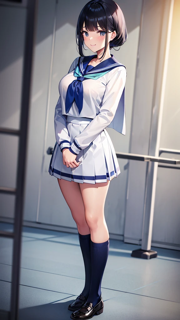 photo of sexy 1girl, tall,leggy,smile,standing in neat rows, in the school gymnasium, wearing white (basic school sailor uniform), long sleeve, blue sailor collar, shiny blue tie pleated blue_mini_skirt, beautiful eyes, shiny black hair,navy short socks, full body shot, closeup shot, from front, from below, dutch angle shot, wide view,