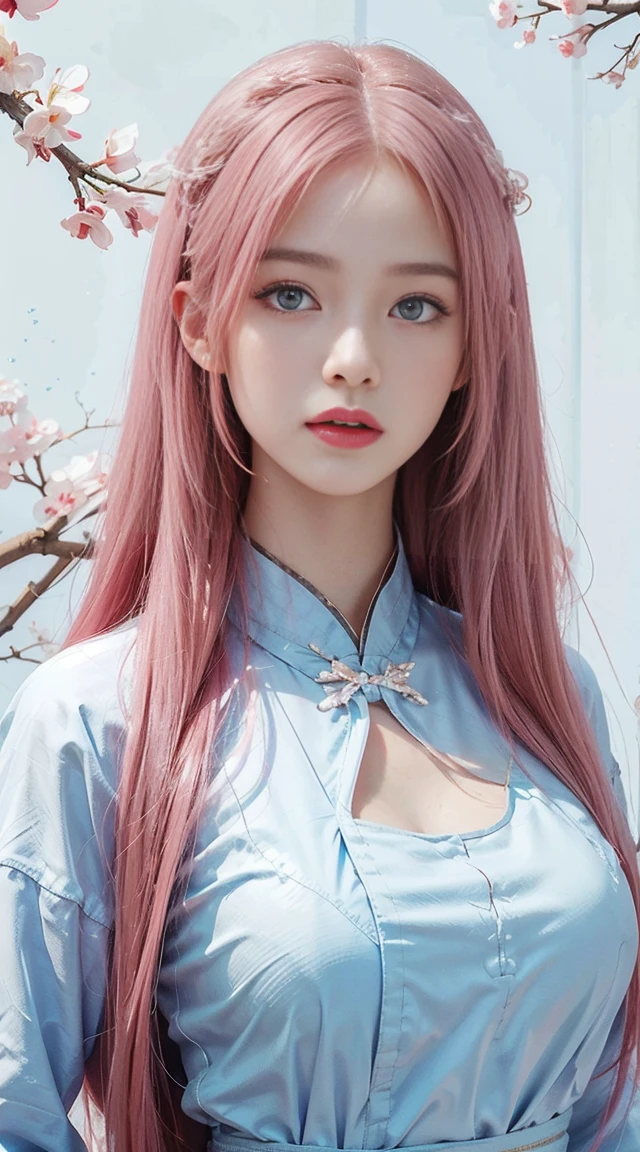 Realistically, High resolution, One woman, Glossy Skin, alone, Got a tattoo, gem, reddish pink lips, Long white hair, Blue Eyes, Shut your mouth., Hip Up, In a Chinese dress, Sakura NS