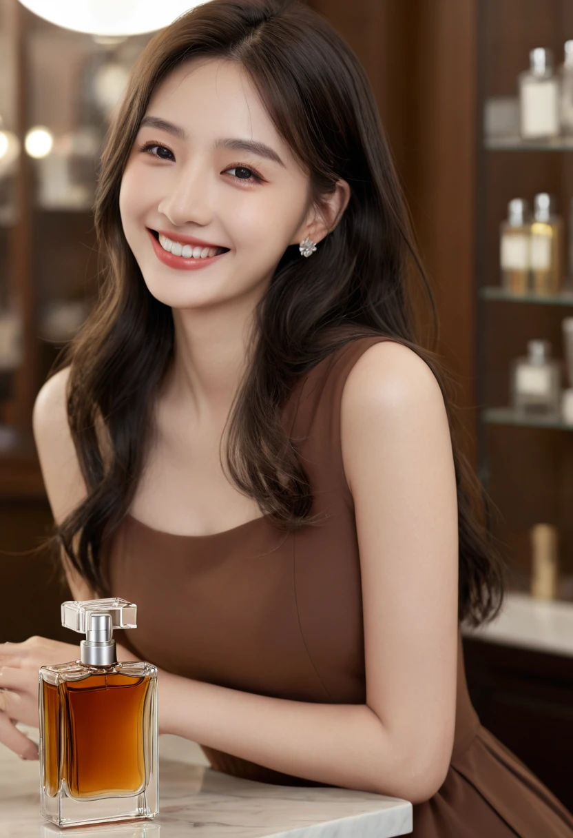 ((masterpiece,best quality)), 4K, high resolution, 1 Girl, Solitary, Smile, Brown dress, (Perfumer Equipment 2:1.2), 