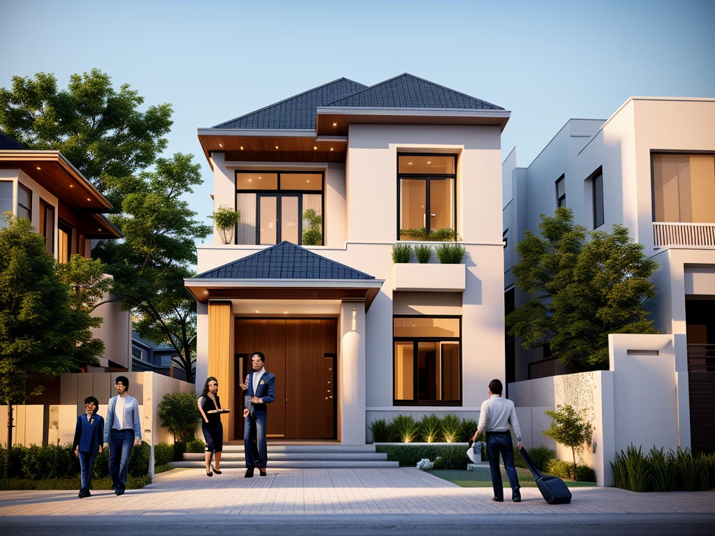 Perspective of a modern house with a large enough front yard, main materials are light yellow walls, stone and wood, a road running in front of the house, (RAW photo, real, best quality, masterpiece: 1.2), current view modern minimalist, 1 street in front of house, shime ring light, indoor brightness:1.2, dynamic lighting:1.3, (hyper-realistic, photo-realistic:1.2), high quality, daylight, contrast high:0.5 perfect light, Archdaily, contemporary masterpiece award, award winning contemporary, beautifully designed masterpiece, spacious modern mansion, modern neo-traditional, wide angle exterior 2022 , mid-century modern, contemporary home, stylish modern feel, long front view, award-winning modern design, stunning lines, residential, exquisite details, indoors gently:1.3