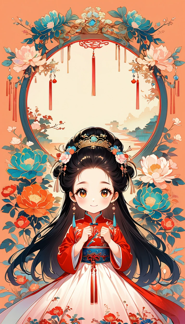 A beautiful young 5 years old little girl in traditional Chinese attire, sweet smile, from front, lively and kawaii pose, hands up and fist very excited, charming and attractive sexy pose, surrounded by a lush garden. gazing at it with gentle eyes. The woman's hair is styled in an elaborate updo adorned with flowers and traditional ornaments. Her dress is elegant, pink and white color tone, featuring fine silk with floral embroidery. The garden is in full bloom, with peonies and other flowers providing a backdrop. The scene captures the serenity and beauty of classical Chinese art, with a touch of nature harmony, (((Ultra-high saturation, high natural saturation, extremely bright colors)))