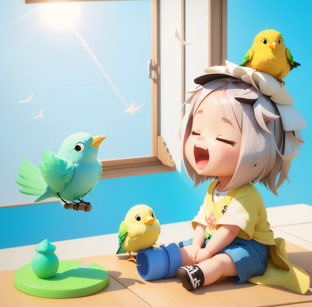 Cartoon character sitting on the floor,Holding a fan in hand,There is a bird beside, Lovely 3 d render, 3d illustration, 3d illustration, Authorjeonseok lee, A scorching hot day, 3d cartoon, Lovely artwork, Animation style rendering, Hot summer day, Severe heat, Lovely cartoon character, cooling, Lovely illustration, Hot weather, Lovely数字, Lovely! C4D