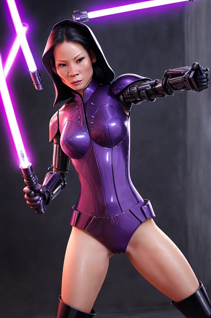 Lucy Liu (age 25)(evil sith witch, cybernetic legs, sexy skin tight evil outfit with purple trim), purple light saber, purple force lightning dances on her
