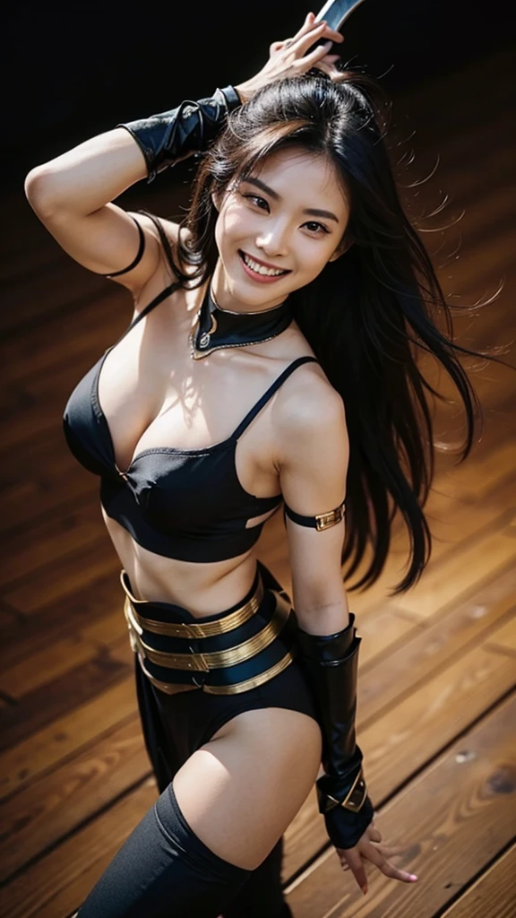 aggressive、strong、Confident々laughing at、Black long hair、Woman warrior、Dancer、Holding a sword、dancing passionately、Diagonal view from above、sexy、Erotic、Outstanding style、Fearless smile、Chest Armor、Waist armor、gauntlet、Knee pads