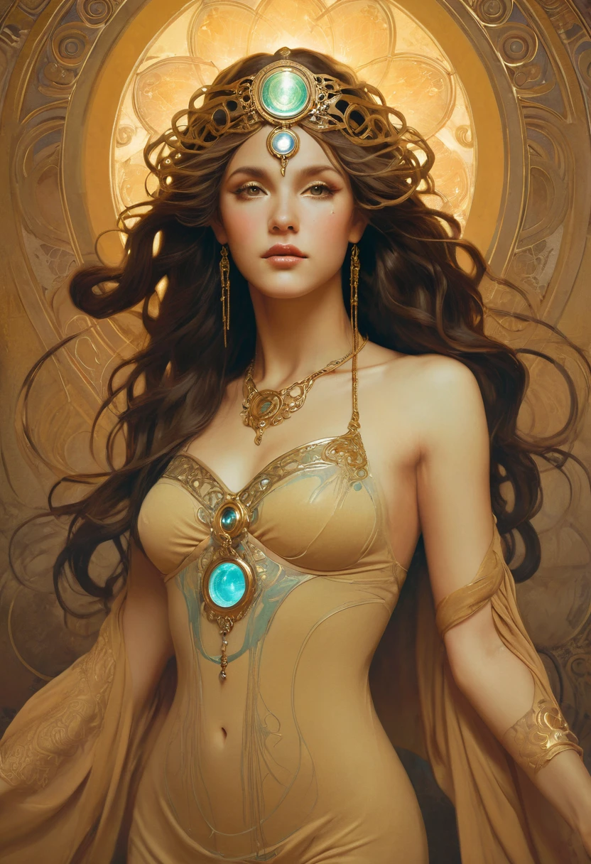 (A beautiful decorative female sand goddess, Gold dress, Glowing Gold Tattoo), (Galactic shaman with quantum energy vision), Fantasy magic, Long hairstyle, Dark Light Night, complex, Vague, Clear focus, illustration, Very detailed, number, Concept Art, Matte, (Artworks by wlop), (author：Justin Gerard (Justin Gerard) and Jason Edmiston (Jason Edmiston): 1.5), (author：Greg Rutkowski: 0.4), (author：Alphonse Mucha: 0.4), masterpiece