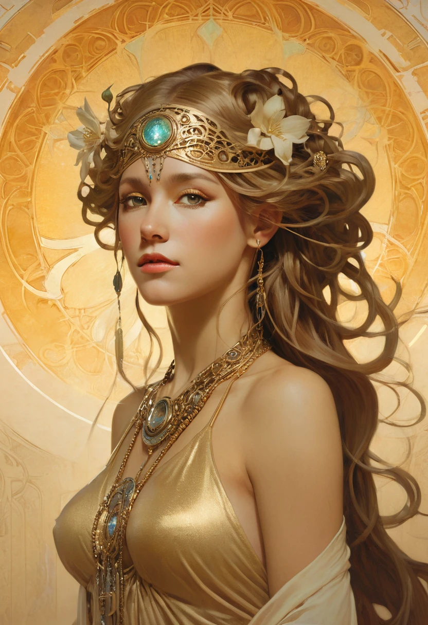 (A beautiful decorative female sand goddess, Gold dress, Glowing Gold Tattoo), (Galactic shaman with quantum energy vision), Fantasy magic, Long hairstyle, Dark Light Night, complex, Vague, Clear focus, illustration, Very detailed, number, Concept Art, Matte, (Artworks by wlop), (author:Justin Gerard (Justin Gerard) and Jason Edmiston (Jason Edmiston): 1.5), (author:Greg Rutkowski: 0.4), (author:Alphonse Mucha: 0.4), masterpiece