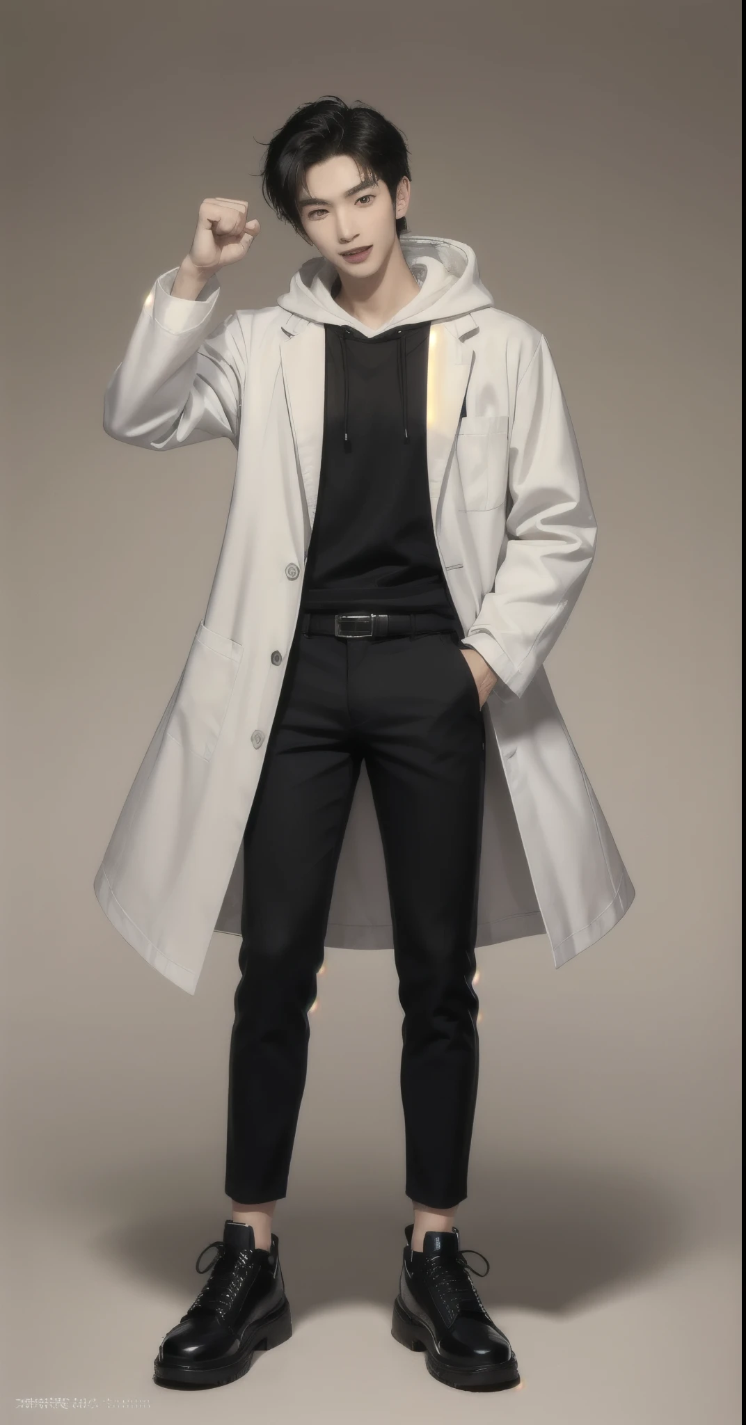(photorealistic:1.2), (high detail face:1.3), (high detail hands:1.3), (anatomically correct hands:1.2), handsome young asian man, Japanese idol style, short clean-cut hair, ((center part)), (crisp white lab coat:1.3), ((black hoodie underneath:1.2)), (black pants:1.2), (black shoes:1.2), (enthusiastic expression:1.3), ((victory pose:1.4)), (both arms raised:1.3), (clenched fists:1.3), (energetic stance:1.2), plain white background, mid-shot portrait, full body view, high quality, detailed, 8K, (realistic skin texture:1.2), (sharp focus:1.1), (contrast between white coat and black clothing:1.2)