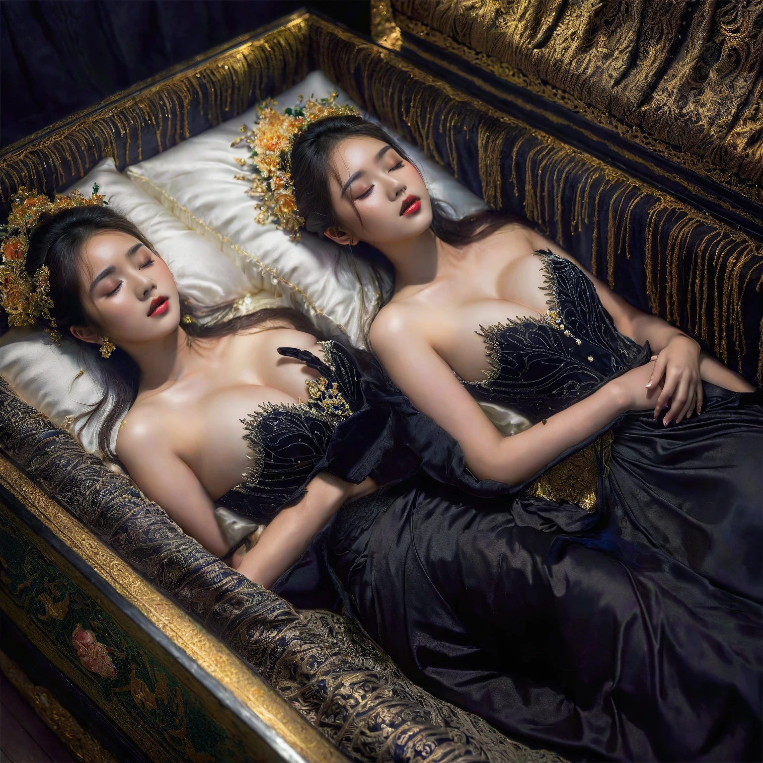 In a striking 8K HDR scene, a stunning Korean woman, 22 years old, lies peacefully in a black coffin surrounded by plush pillows. The deep box is set against a rich black background, accentuating the beauty of the subject. Her exquisite kebaya attire is embroidered with superb detail, showcasing her round and firm breasts, perfect cleavage, and beautiful eyebrows. Her closed eyes and mouth give an air of serenity, while her visible and absolute cleavage leave nothing to imagination. The scene is bathed in saturated colors, highlighting every intricate aspect from the ball skirt to her clean face.